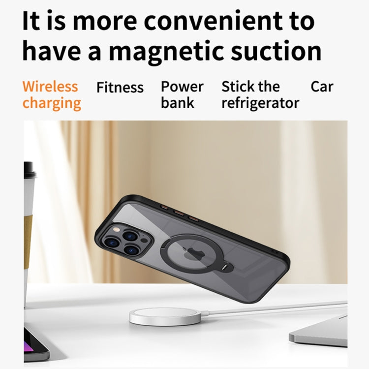 For iPhone 16 Transparent MagSafe Magnetic Rotating Ring Holder Phone Case(Black) - iPhone 16 Cases by buy2fix | Online Shopping UK | buy2fix