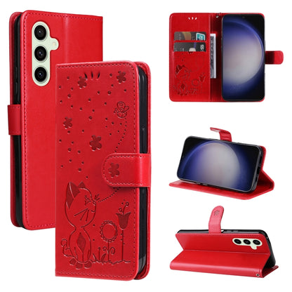 For Samsung Galaxy S25+ / S24+ 5G Cat and Bee Embossed Flip Leather Phone Case(Red) - Galaxy S25+ 5G Cases by buy2fix | Online Shopping UK | buy2fix