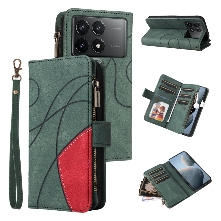 For Redmi K70 Dual-color 9 Card Slots Zipper Wallet Leather Phone Case(Green) - K70 Cases by buy2fix | Online Shopping UK | buy2fix