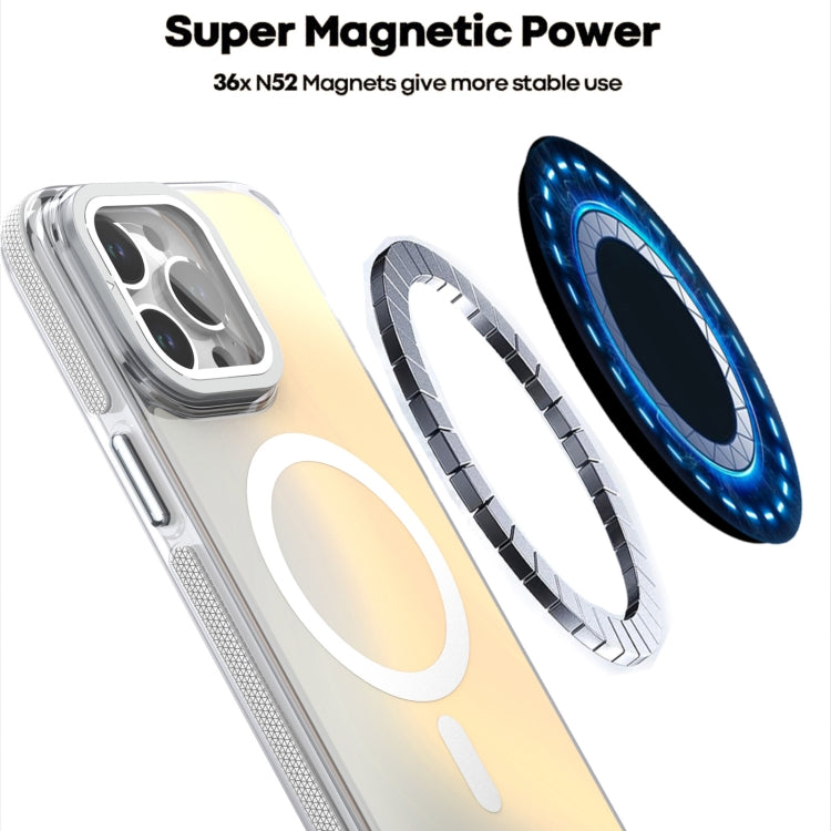 For iPhone 16 Plus MagSafe Gradient Color Lens Film Phone Case with Lens Fold Holder(White) - iPhone 16 Plus Cases by buy2fix | Online Shopping UK | buy2fix