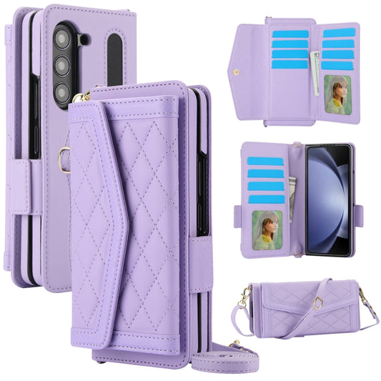 For Samsung Galaxy Z Fold5 Splicing Rhombic Texture Card Holder Phone Case with Lanyard, Not Included Pen(Purple) - Galaxy Z Fold5 Cases by buy2fix | Online Shopping UK | buy2fix