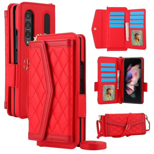 For Samsung Galaxy Z Fold4 Splicing Rhombic Texture Card Holder Phone Case with Lanyard, Not Included Pen(Red) - Galaxy Z Fold4 5G Cases by buy2fix | Online Shopping UK | buy2fix