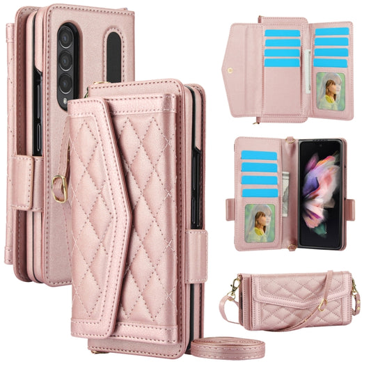 For Samsung Galaxy Z Fold3 5G Splicing Rhombic Texture Card Holder Phone Case with Lanyard, Not Included Pen(Rose Gold) - Galaxy Phone Cases by buy2fix | Online Shopping UK | buy2fix