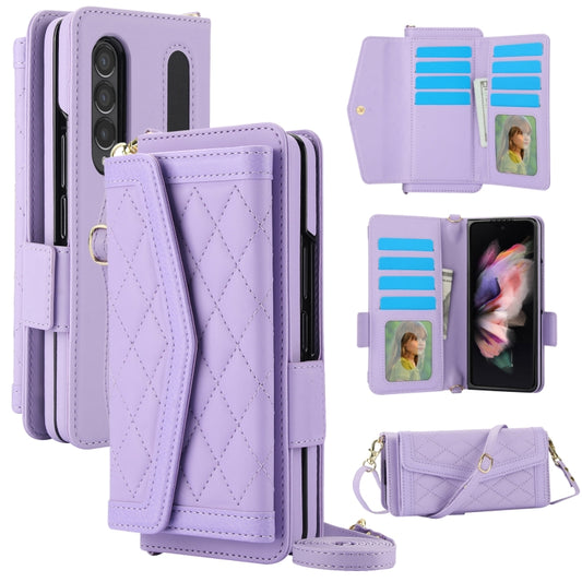 For Samsung Galaxy Z Fold3 5G Splicing Rhombic Texture Card Holder Phone Case with Lanyard, Not Included Pen(Purple) - Galaxy Phone Cases by buy2fix | Online Shopping UK | buy2fix