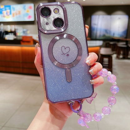 For iPhone 15 Plus Loves Gradient Glitter Bracelets Carbon Fiber Magsafe TPU Phone Case(Purple) - iPhone 15 Plus Cases by buy2fix | Online Shopping UK | buy2fix