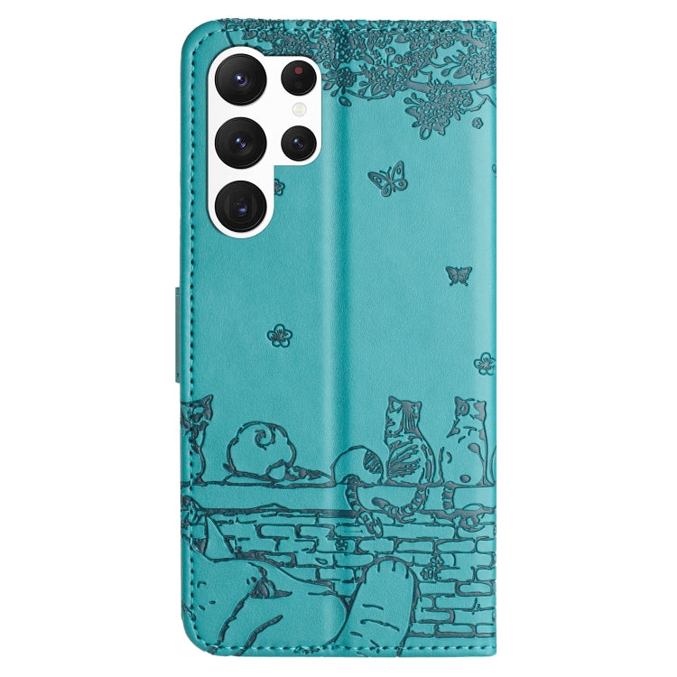 For Samsung Galaxy S25 Ultra 5G Cat Embossing Pattern Leather Phone Case with Lanyard(Blue) - Galaxy S25 Ultra 5G Cases by buy2fix | Online Shopping UK | buy2fix