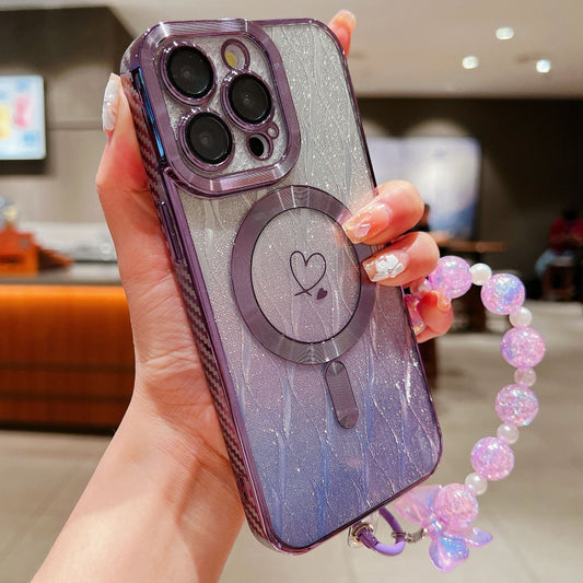 For iPhone 14 Pro Max Loves Leaves Gradient Glitter Bracelets Carbon Fiber Magsafe TPU Phone Case(Purple) - iPhone 14 Pro Max Cases by buy2fix | Online Shopping UK | buy2fix