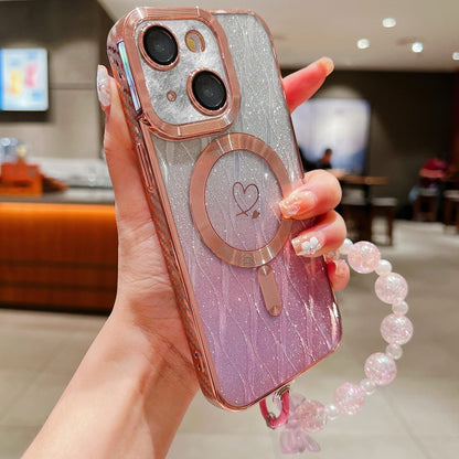 For iPhone 13 Loves Leaves Gradient Glitter Bracelets Carbon Fiber Magsafe TPU Phone Case(Pink) - iPhone 13 Cases by buy2fix | Online Shopping UK | buy2fix