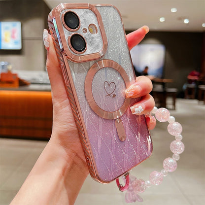 For iPhone 16 Plus Loves Leaves Gradient Glitter Bracelets Carbon Fiber Magsafe TPU Phone Case(Pink) - iPhone 16 Plus Cases by buy2fix | Online Shopping UK | buy2fix