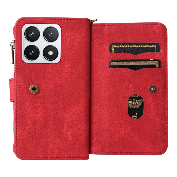 For Xiaomi 14T Pro Skin Feel Multi Card Slots Zipper Wallet Leather Phone Case(Red) - 14T Pro Cases by buy2fix | Online Shopping UK | buy2fix