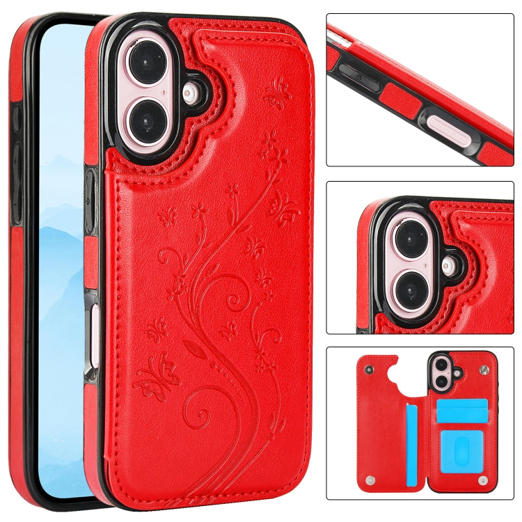 For iPhone 16 Double Buckle Butterfly Embossing PU Phone Case(Red) - iPhone 16 Cases by buy2fix | Online Shopping UK | buy2fix