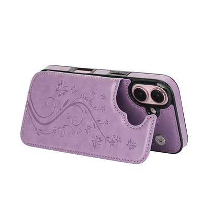 For iPhone 16 Double Buckle Butterfly Embossing PU Phone Case(Purple) - iPhone 16 Cases by buy2fix | Online Shopping UK | buy2fix