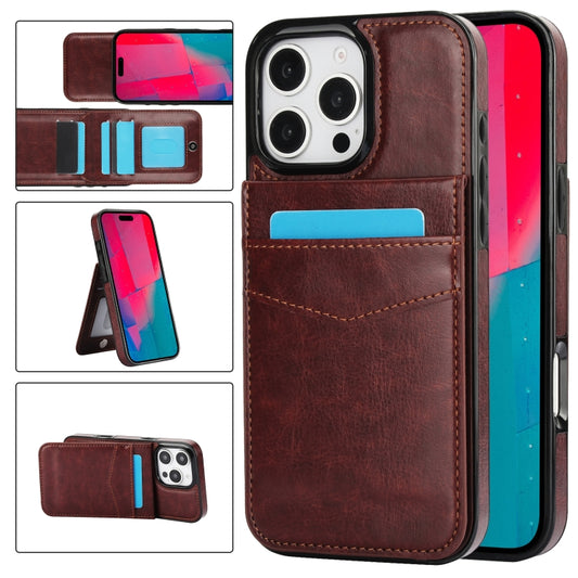 For iPhone 16 Pro Solid Color Card Slots Bracket PU Phone Case(Brown) - iPhone 16 Pro Cases by buy2fix | Online Shopping UK | buy2fix