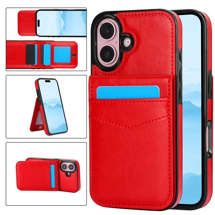 For iPhone 16 Plus Solid Color Card Slots Bracket PU Phone Case(Red) - iPhone 16 Plus Cases by buy2fix | Online Shopping UK | buy2fix