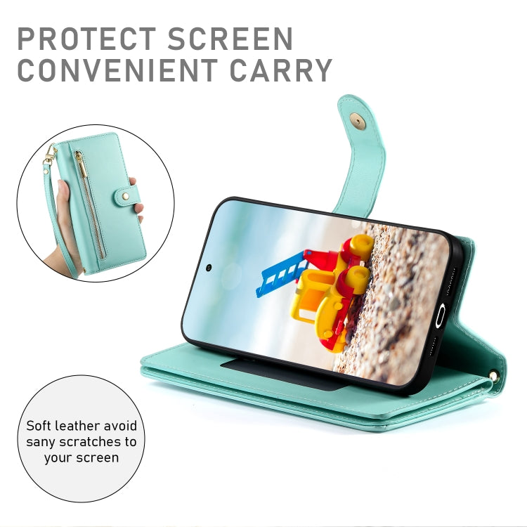 For Google Pixel 9 Pro XL Nine Card-slot Zipper Wallet Bag Leather Phone Case(Mint Green) - Google Cases by buy2fix | Online Shopping UK | buy2fix