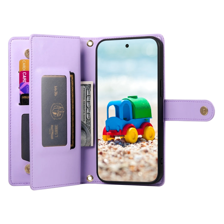 For Google Pixel 9 / 9 Pro Nine Card-slot Zipper Wallet Bag Leather Phone Case(Purple) - Google Cases by buy2fix | Online Shopping UK | buy2fix