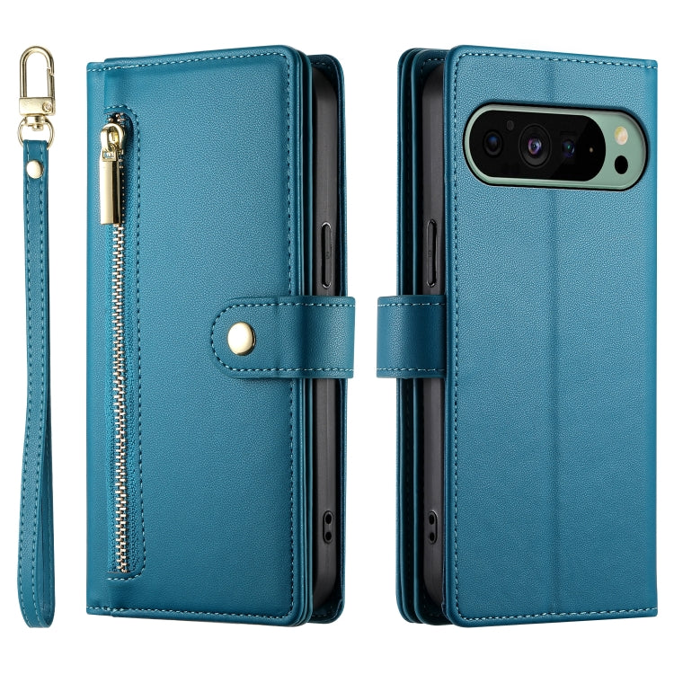 For Google Pixel 9 / 9 Pro Nine Card-slot Zipper Wallet Bag Leather Phone Case(Blue) - Google Cases by buy2fix | Online Shopping UK | buy2fix