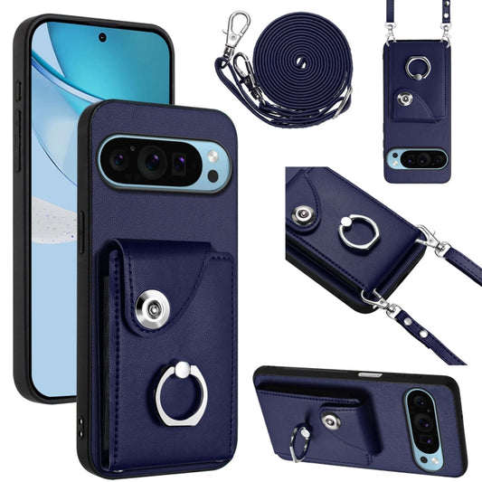 For Google Pixel 9 / 9 Pro Organ Card Bag Ring Holder Phone Case with Long Lanyard(Blue) - Google Cases by buy2fix | Online Shopping UK | buy2fix