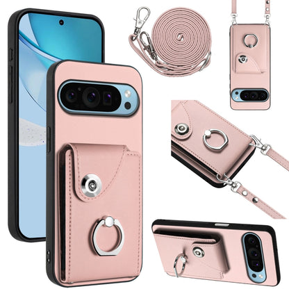 For Google Pixel 9 / 9 Pro Organ Card Bag Ring Holder Phone Case with Long Lanyard(Pink) - Google Cases by buy2fix | Online Shopping UK | buy2fix