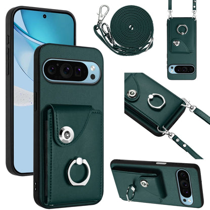 For Google Pixel 9 / 9 Pro Organ Card Bag Ring Holder Phone Case with Long Lanyard(Green) - Google Cases by buy2fix | Online Shopping UK | buy2fix