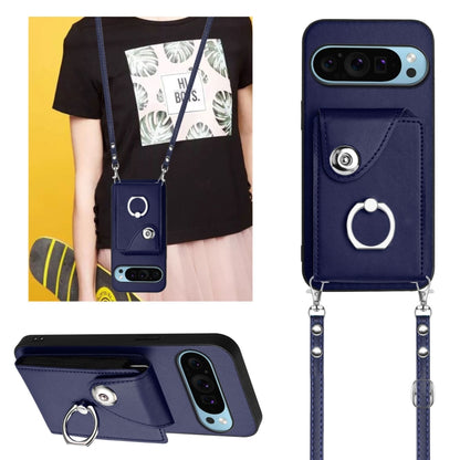 For Google Pixel 9 Pro XL Organ Card Bag Ring Holder Phone Case with Long Lanyard(Blue) - Google Cases by buy2fix | Online Shopping UK | buy2fix