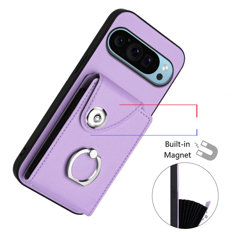 For Google Pixel 9 Pro XL Organ Card Bag Ring Holder Phone Case with Long Lanyard(Purple) - Google Cases by buy2fix | Online Shopping UK | buy2fix