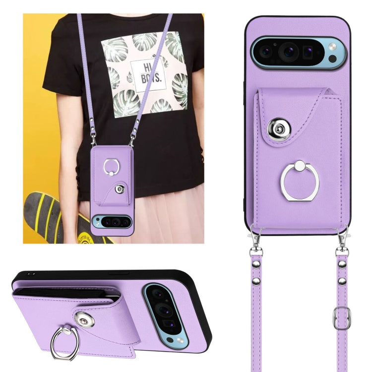 For Google Pixel 9 Pro XL Organ Card Bag Ring Holder Phone Case with Long Lanyard(Purple) - Google Cases by buy2fix | Online Shopping UK | buy2fix