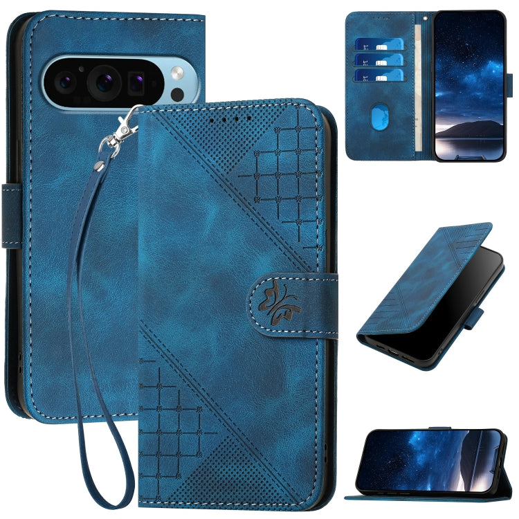 For Google Pixel 9 / 9 Pro YX0080 Grid Butterfly Embossed Pattern Flip Leather Phone Case with Lanyard(Dark Blue) - Google Cases by buy2fix | Online Shopping UK | buy2fix