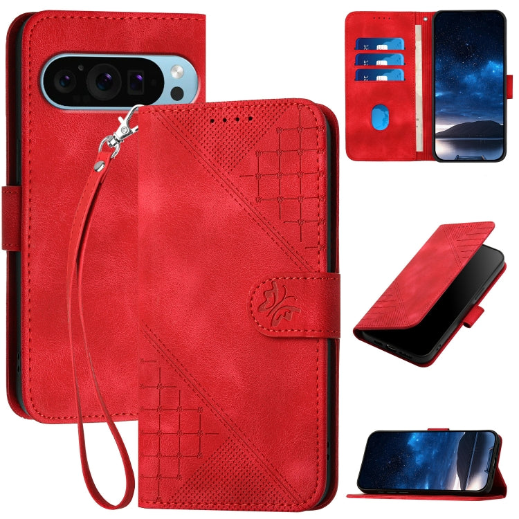 For Google Pixel 9 / 9 Pro YX0080 Grid Butterfly Embossed Pattern Flip Leather Phone Case with Lanyard(Red) - Google Cases by buy2fix | Online Shopping UK | buy2fix