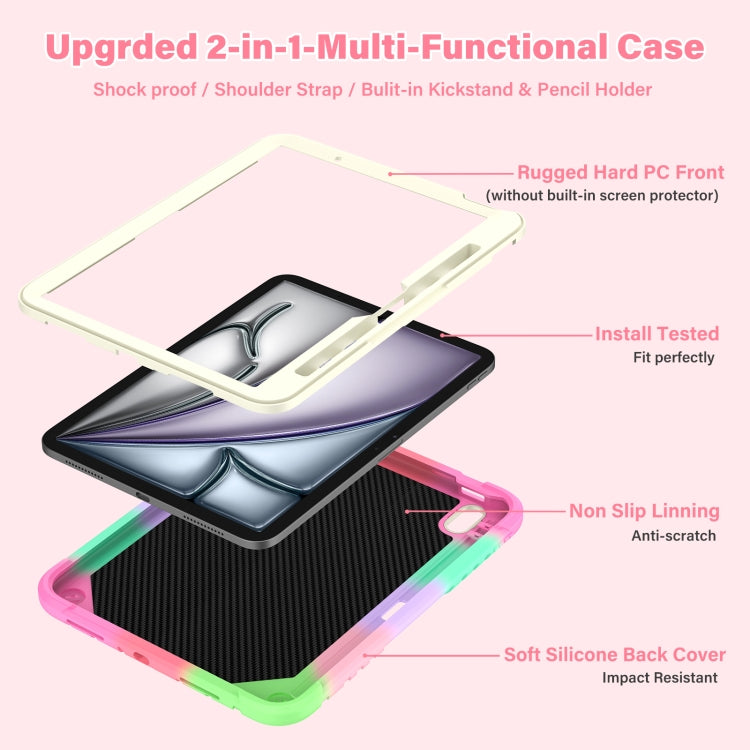 For iPad Air 11 2024 Kickstand PC Hybrid Silicone Tablet Case with Strap(Colorful Rose Red) - iPad Air 11 2024 Cases by buy2fix | Online Shopping UK | buy2fix