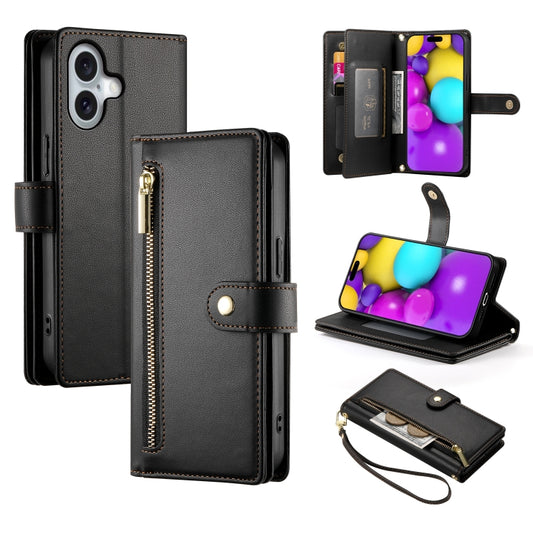 For iPhone 16 Plus Nine Card-slot Zipper Wallet Bag Leather Phone Case(Black) - iPhone 16 Plus Cases by buy2fix | Online Shopping UK | buy2fix