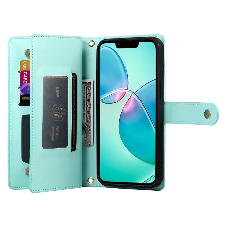 For iPhone SE 4 2024 Nine Card-slot Zipper Wallet Bag Leather Phone Case(Mint Green) - More iPhone Cases by buy2fix | Online Shopping UK | buy2fix