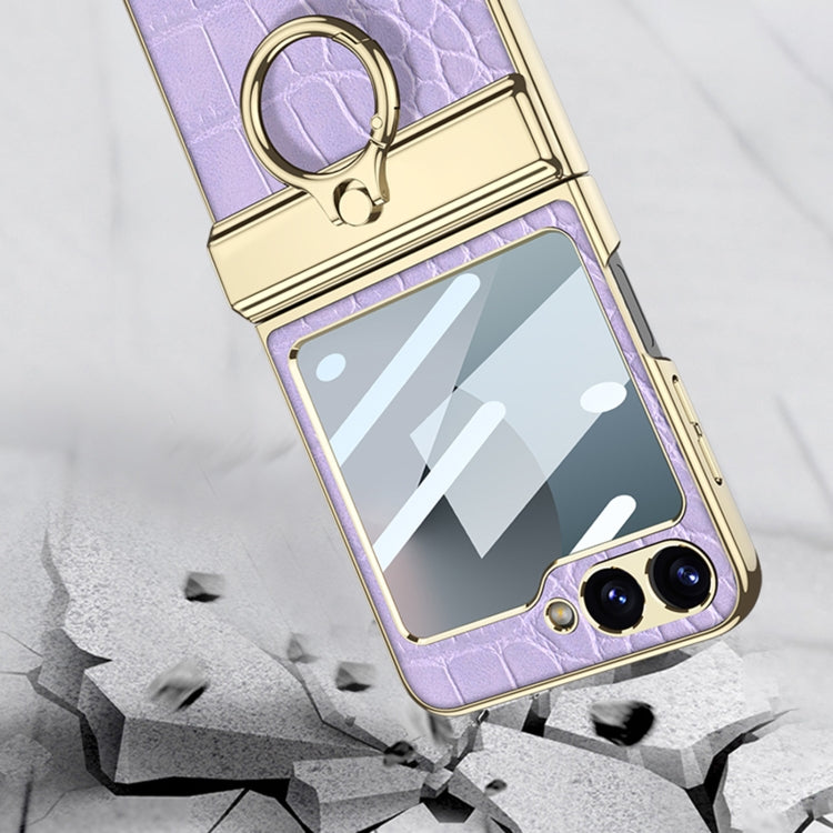 For Samsung Galaxy Z Flip6 GKK Integrated Electroplated Crocodile Texture Leather Phone Case with Ring(Purple) - Galaxy Z Flip6 5G Cases by GKK | Online Shopping UK | buy2fix