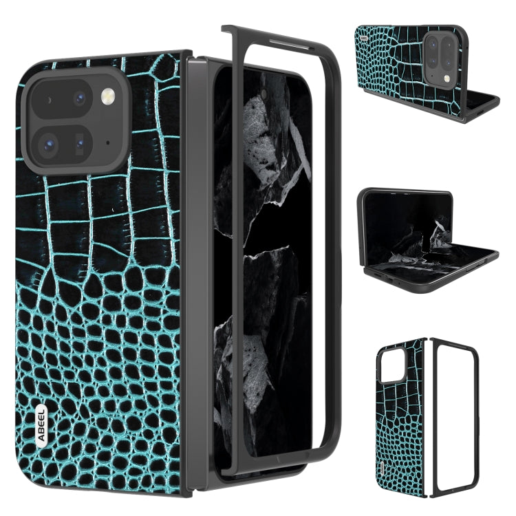 For Google Pixel 9 Pro Fold ABEEL Genuine Leather Crocodile Pattern Black Edge Phone Case(Blue) - Google Cases by buy2fix | Online Shopping UK | buy2fix