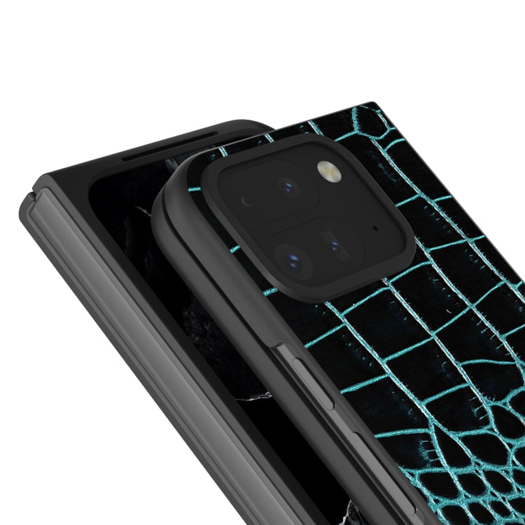 For Google Pixel 9 Pro Fold ABEEL Genuine Leather Crocodile Pattern Black Edge Phone Case(Blue) - Google Cases by buy2fix | Online Shopping UK | buy2fix