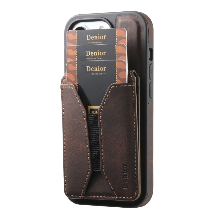 For iPhone 14 Pro Denior D18 Skin Feel Rotating Holder MagSafe Detachable Card Slot Phone Case(Brown) - iPhone 14 Pro Cases by Denior | Online Shopping UK | buy2fix