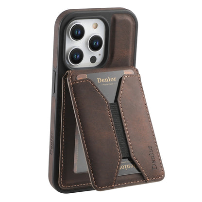 For iPhone 15 Pro Max Denior D18 Skin Feel Rotating Holder MagSafe Detachable Card Slot Phone Case(Brown) - iPhone 15 Pro Max Cases by Denior | Online Shopping UK | buy2fix