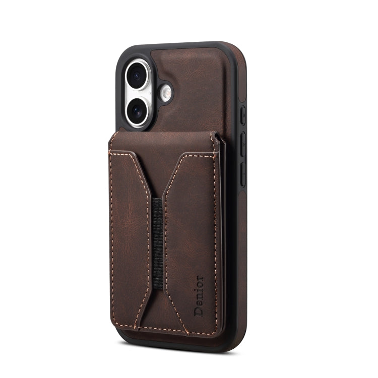 For iPhone 16 Plus Denior D18 Skin Feel Rotating Holder MagSafe Detachable Card Slot Phone Case(Brown) - iPhone 16 Plus Cases by Denior | Online Shopping UK | buy2fix