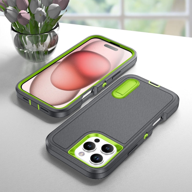 For iPhone 16 Pro Max Rugged PC + Silicone Phone Case with Holder(Grey+Fresh Green) - iPhone 16 Pro Max Cases by buy2fix | Online Shopping UK | buy2fix