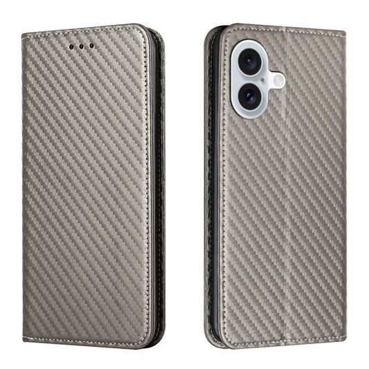 For iPhone 16 Carbon Fiber Texture Magnetic Flip Leather Phone Case(Grey) - iPhone 16 Cases by buy2fix | Online Shopping UK | buy2fix