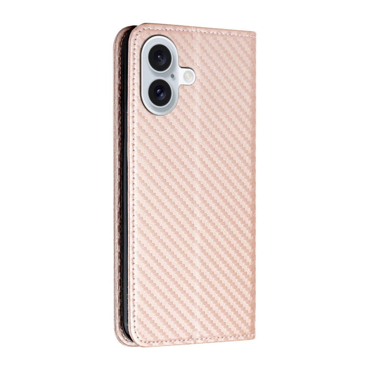 For iPhone 16 Carbon Fiber Texture Magnetic Flip Leather Phone Case(Rose Gold) - iPhone 16 Cases by buy2fix | Online Shopping UK | buy2fix