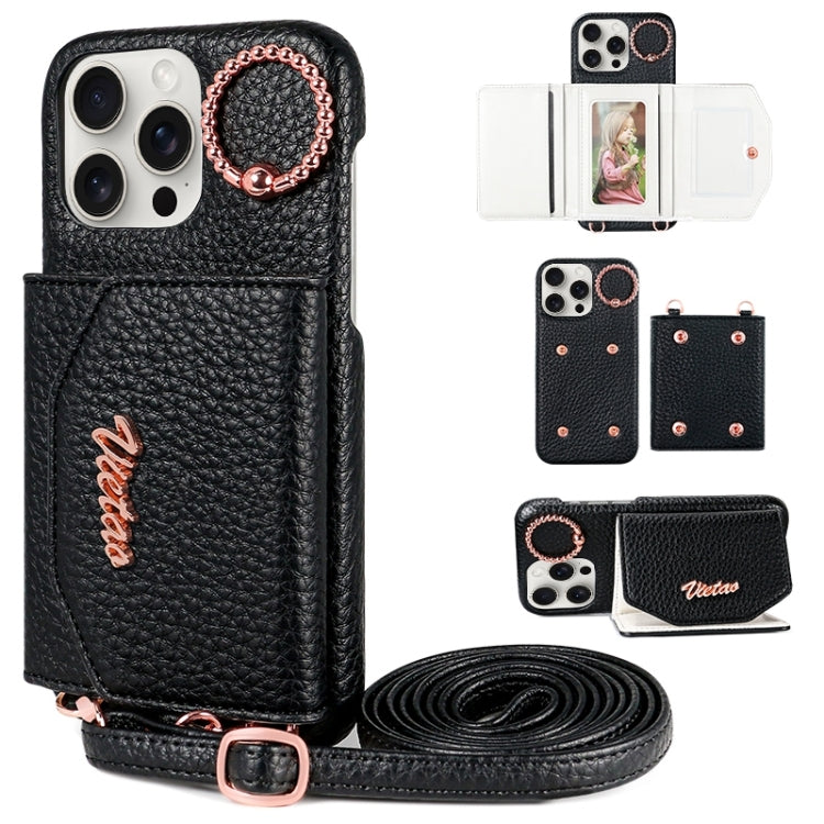 For iPhone 15 Pro Max VIETAO Ring Holder Card Bag Phone Case with Lanyard(Black) - iPhone 15 Pro Max Cases by VIETAO | Online Shopping UK | buy2fix