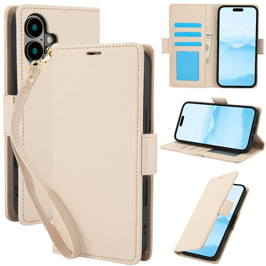 For iPhone 16 Plus Side Buckle RFID Anti-theft Leather Phone Case(Apricot) - iPhone 16 Plus Cases by buy2fix | Online Shopping UK | buy2fix