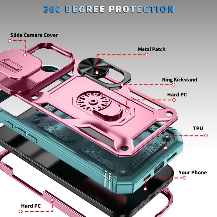 For iPhone 16 Sliding Camshield TPU + PC Phone Case with Holder(Green+Pink) - iPhone 16 Cases by buy2fix | Online Shopping UK | buy2fix