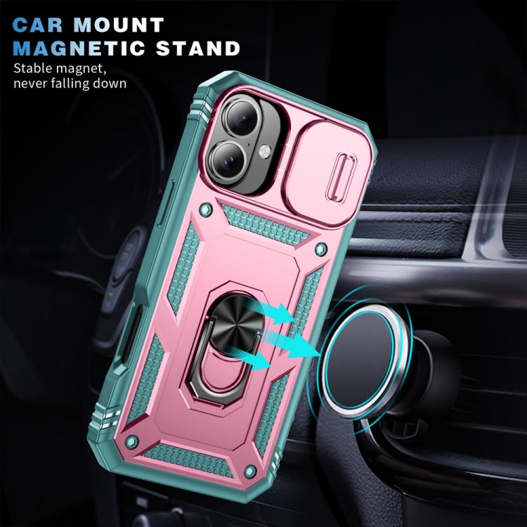 For iPhone 16 Sliding Camshield TPU + PC Phone Case with Holder(Green+Pink) - iPhone 16 Cases by buy2fix | Online Shopping UK | buy2fix