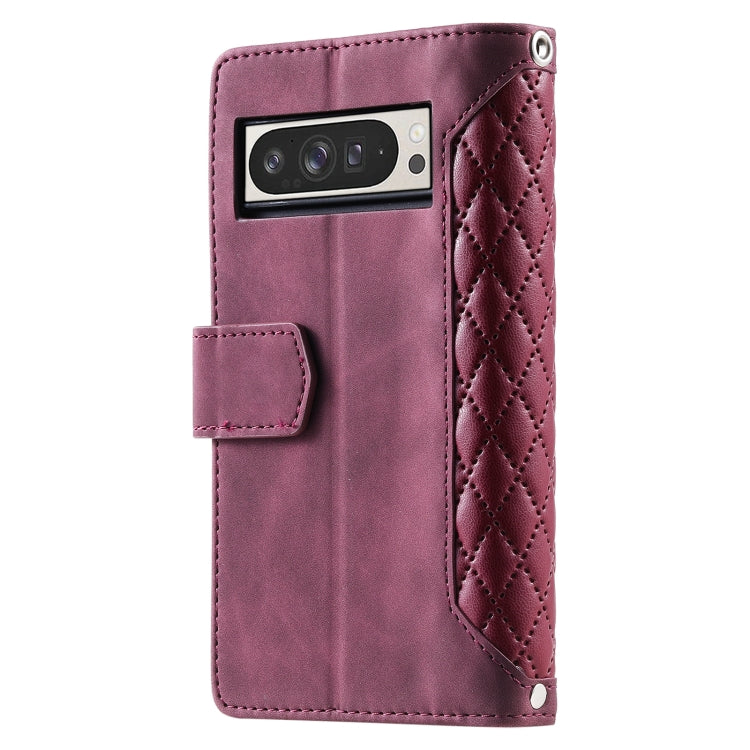 For Google Pixel 9 Pro XL Grid Texture Zipper Leather Phone Case with Lanyard(Wine Red) - Google Cases by buy2fix | Online Shopping UK | buy2fix