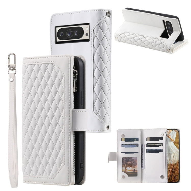 For Google Pixel 9 Pro XL Grid Texture Zipper Leather Phone Case with Lanyard(White) - Google Cases by buy2fix | Online Shopping UK | buy2fix