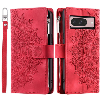 For Google Pixel 9 / 9 Pro Multi-Card Totem Zipper Leather Phone Case(Red) - Google Cases by buy2fix | Online Shopping UK | buy2fix