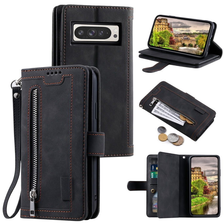 For Google Pixel 9 Pro XL Zipper Wallet Bag Horizontal Flip PU Phone Case with 9 Card Slots(Black) - Google Cases by buy2fix | Online Shopping UK | buy2fix