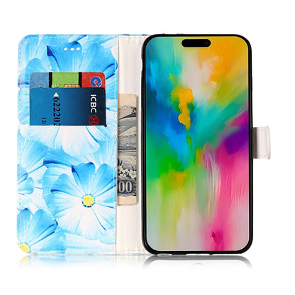 For iPhone 16 Plus Colored Drawing Marble Pattern Leather Phone Case(Blue Flower) - iPhone 16 Plus Cases by buy2fix | Online Shopping UK | buy2fix